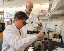 Professor works with a graduate student who is using a microscope
